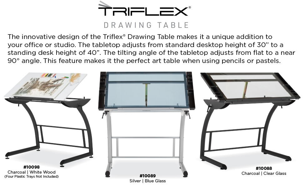 drafting table, drawing table, metal and glass table, standing desk, sit and stand