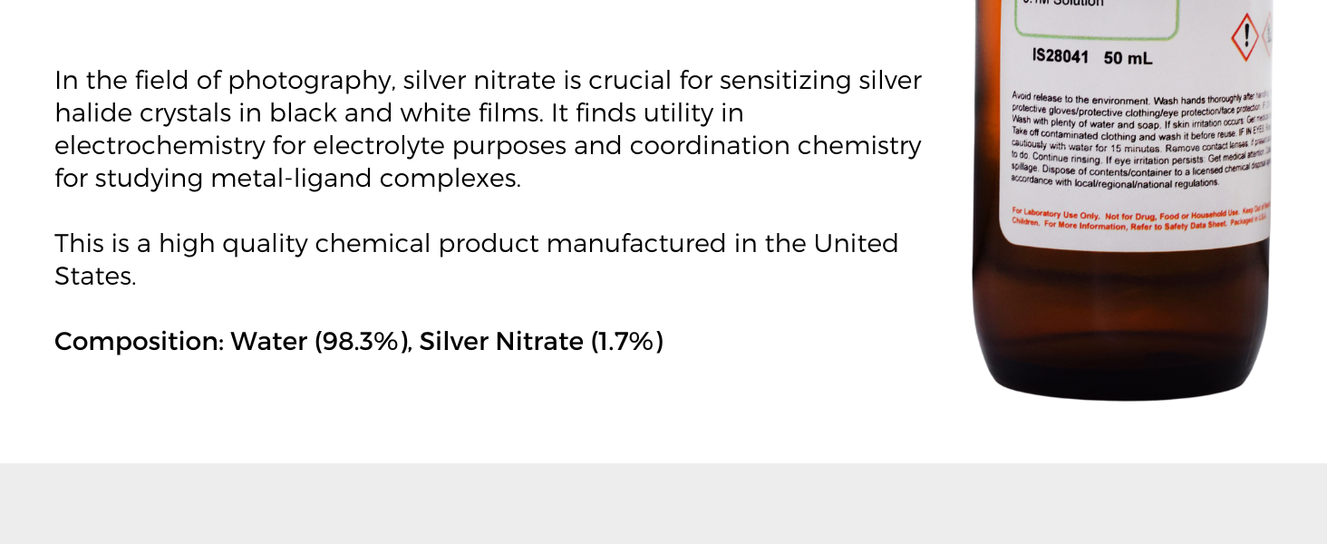 aldon innovating science IS28041 silver nitrate solution reagent chemistry 0.1 molar science lab