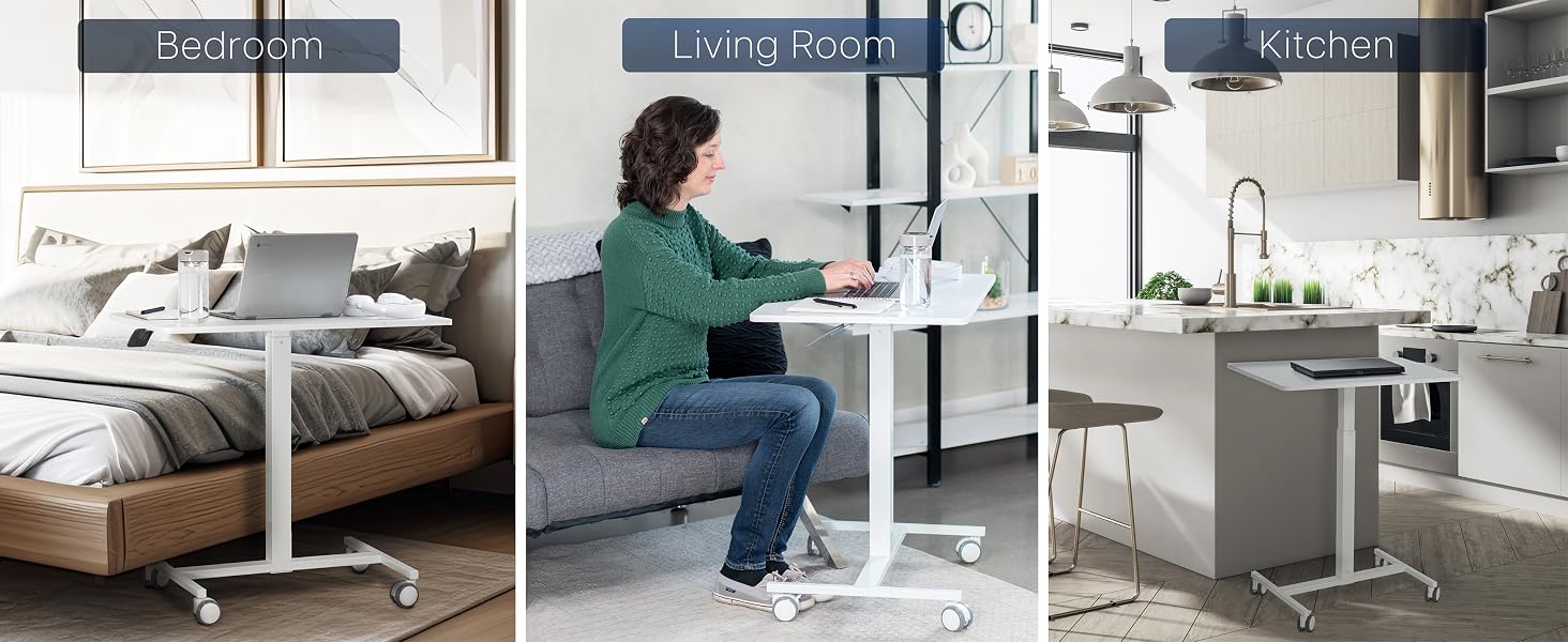 White 24" Pneumatic Mobile Workstation Mobile Desk Sit to Stand Desk Space Efficient Workstation