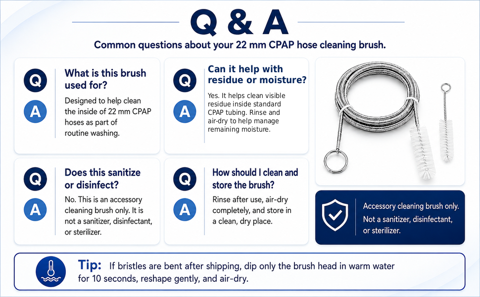 Q&amp;amp;A guide for a 22 mm CPAP hose cleaning brush with compatibility, use, care, and storage tips.