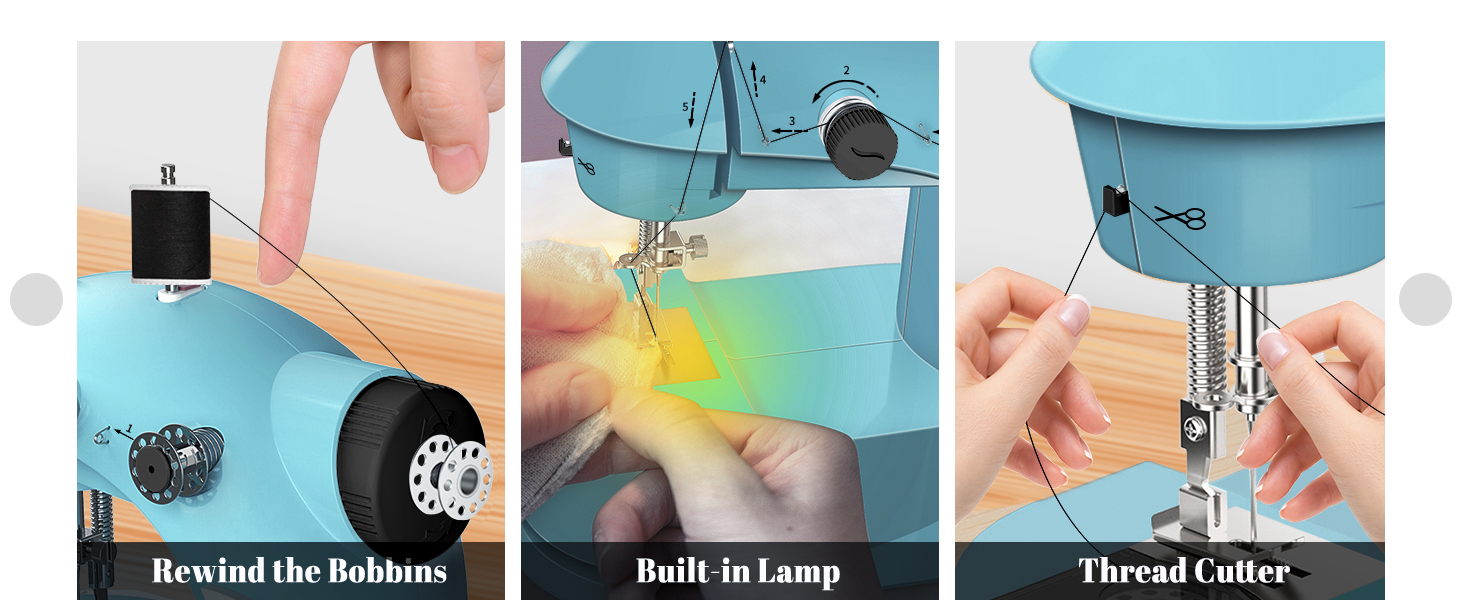 Teal sewing machine with built-in lamp and thread cutter. Three panels show bobbin rewinding, illuminated workspace, and thread cutting features.