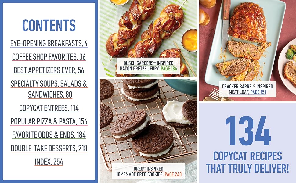 Table of contents for cookbook featuring 134 copycat recipes that truly deliver