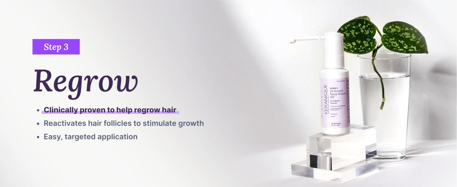 Keranique Minoxidil 2% bottle with sprayer, stimulates hair regrowth and reduces hair loss