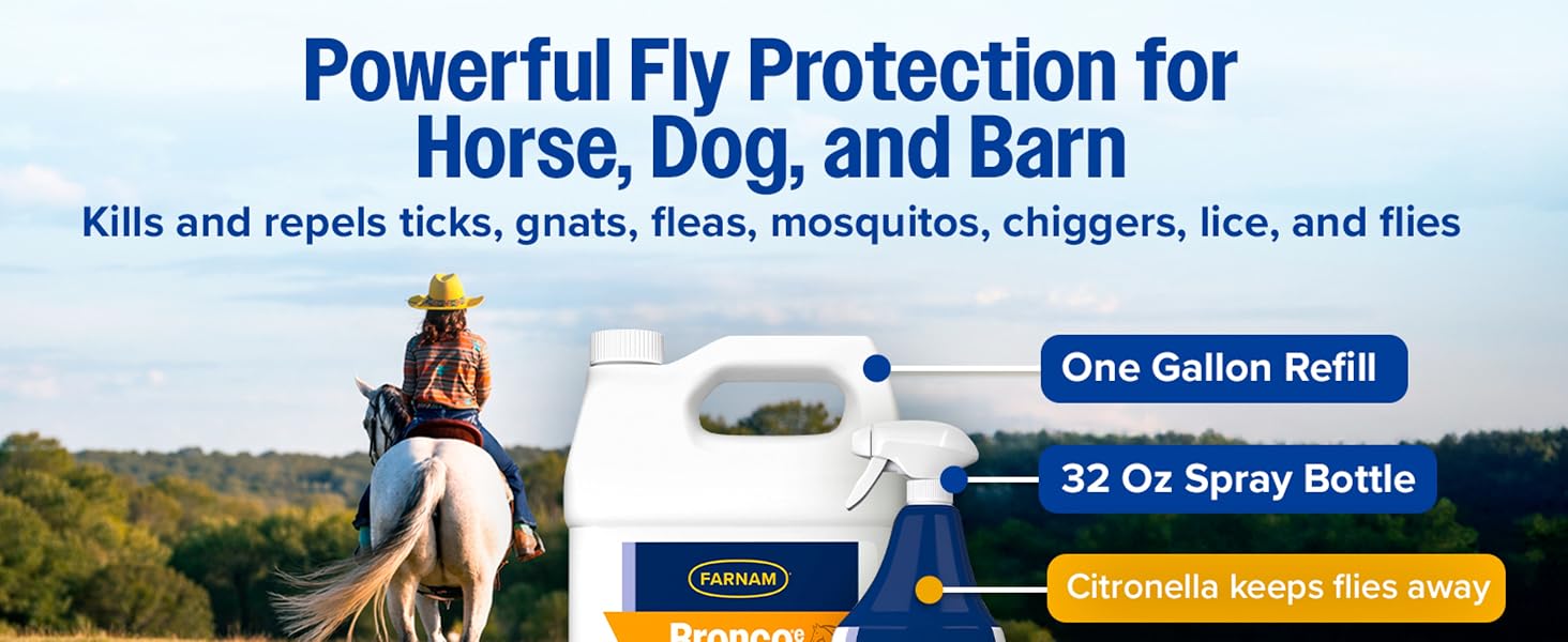 Bronco E fly spray protects horses, dogs, and barns; kills flies, ticks, gnats, fleas, mosquitoes