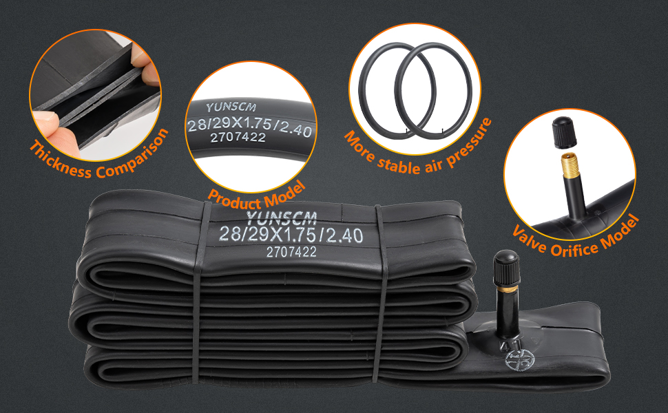 Bicycle inner tube with size 28/29X1.75/2.40, featuring removable valve core, anti-puncture sealant, and 80mm valve. Includes close-ups of valve and tube details.