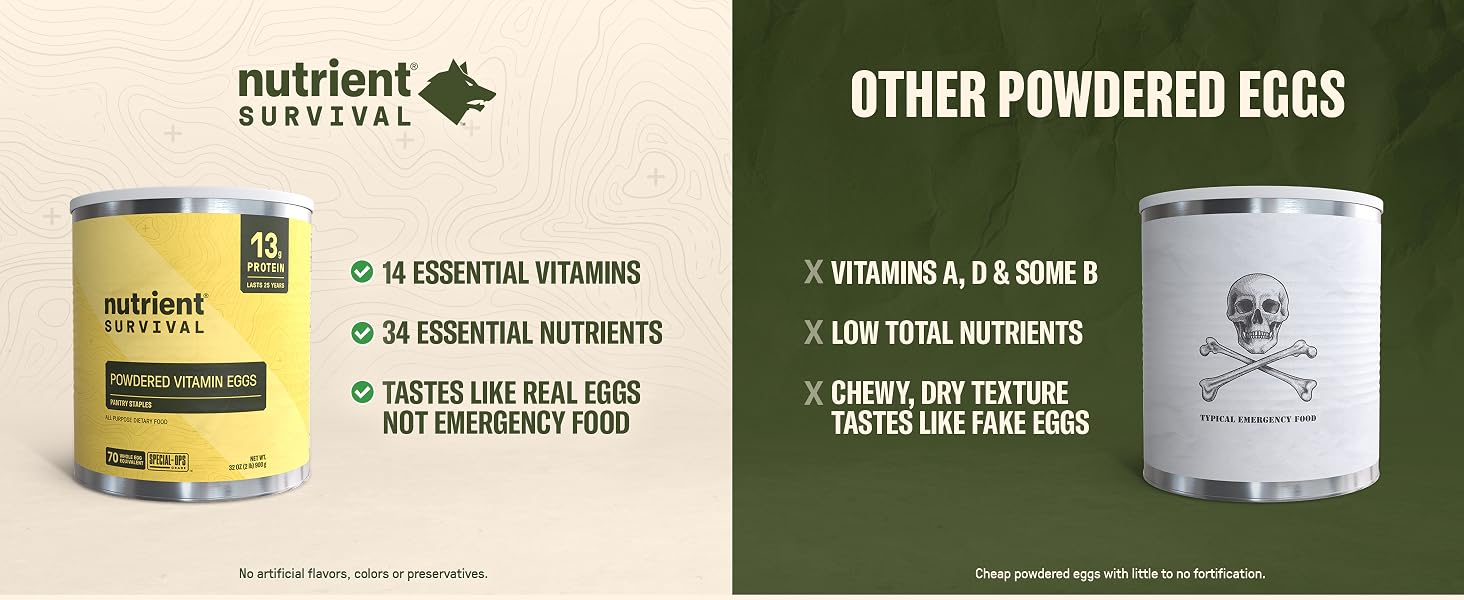 14 Essential Vitamins. 34 Essential Nutrients. Tastes like real eggs not emergency food.