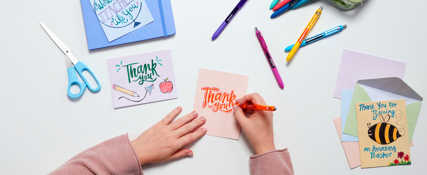 thank you notes hands writing inkjoy gel scissors art craft cards paper mate desk table teacher kid