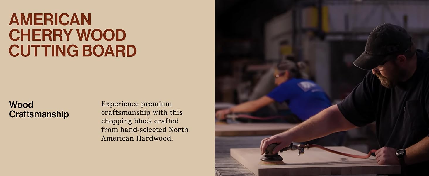 Man sanding wood in workshop. Text: NORTHERN HARD ROCK MAPLE CUTTING BOARD
