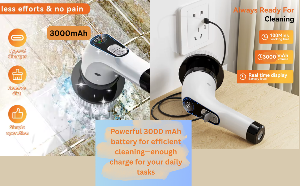 Electric spin scrubber showing rechargeable battery capacity, working time, and charging feature