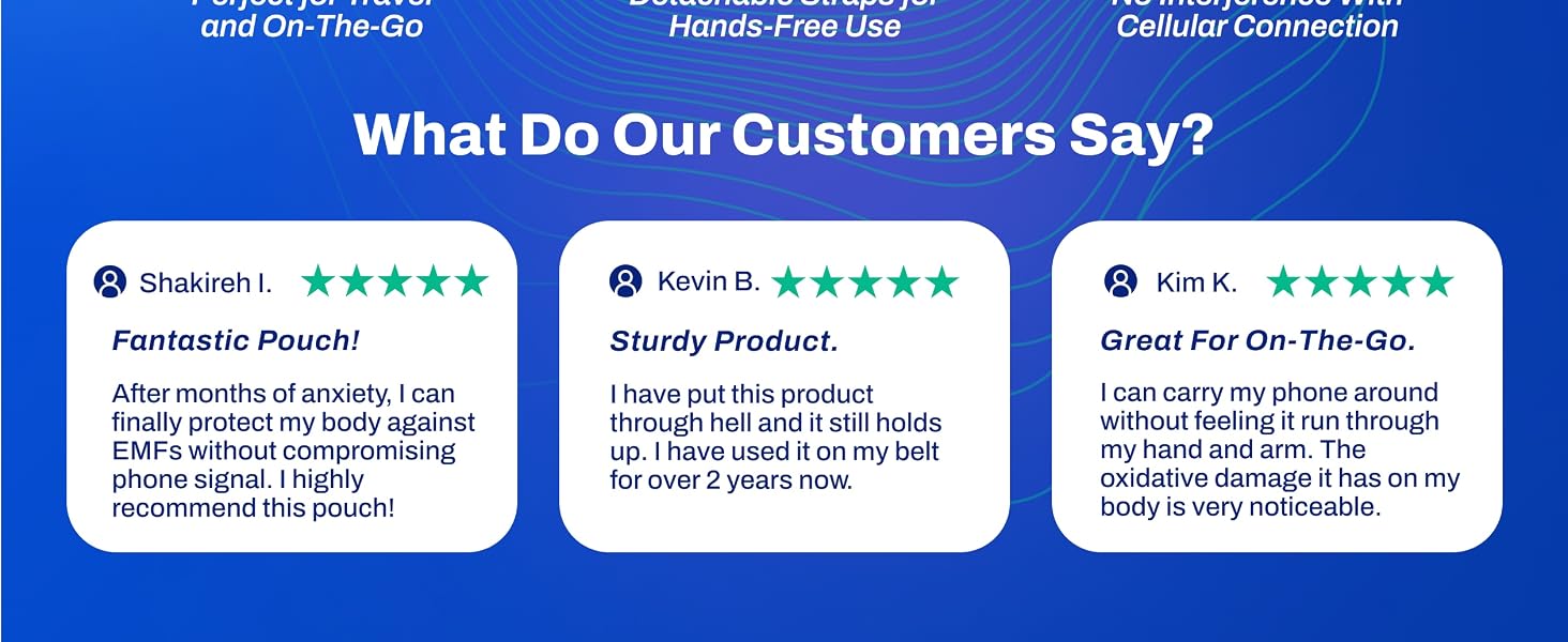 RFID phone pouch with real customer reviews highlighting durability comfort and peace of mind