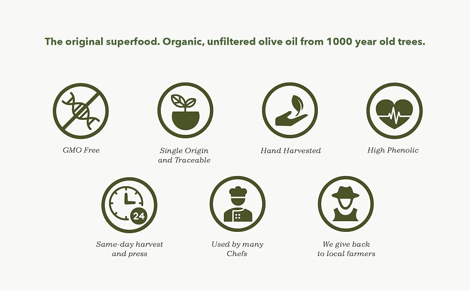 The original superfood. Organic, unfiltered olive oil from 1000 year old trees.