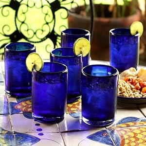 NOVICA Handblown Blue Glass Tumblers Set of 6 Mexico for Juice Wine Whiskey and Drinks Drinkware