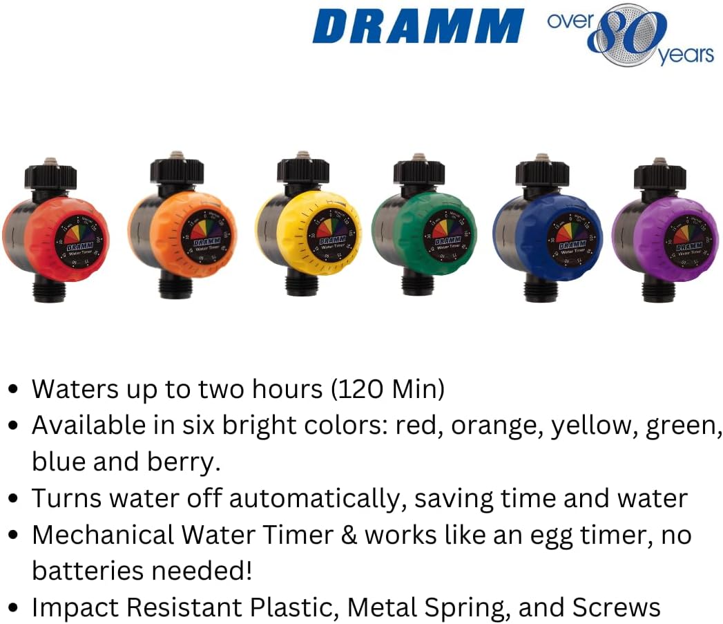 Dramm ColorStorm Premium Water Hose Timer, Mechanical, Turns Water Off Automatically, Up to 120 Minutes of Run Time, Compact for Lawn, Drip