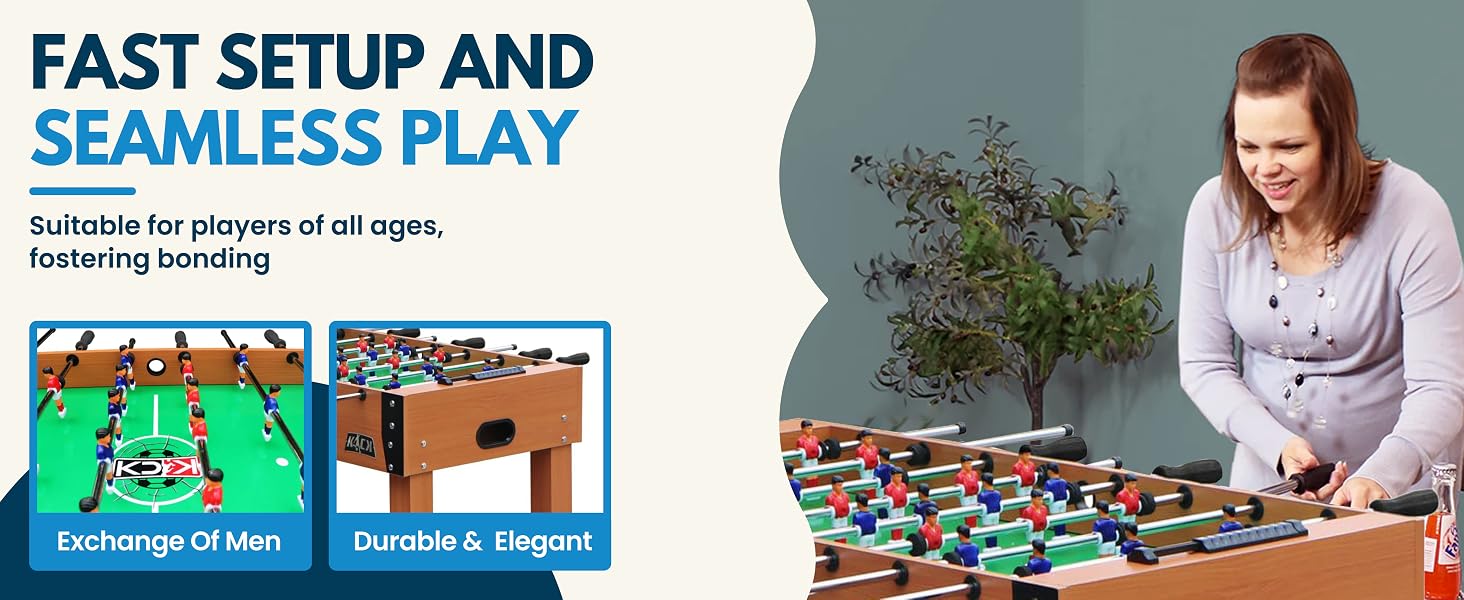 Foosball table with interchangeable players and durable, beginner-friendly design