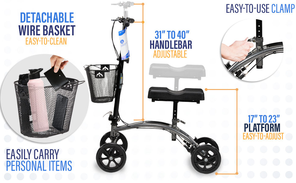Knee walker with adjustable handlebar and detachable wire basket
