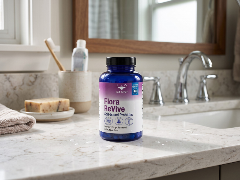 shelf stable flora revive on bathroom counter