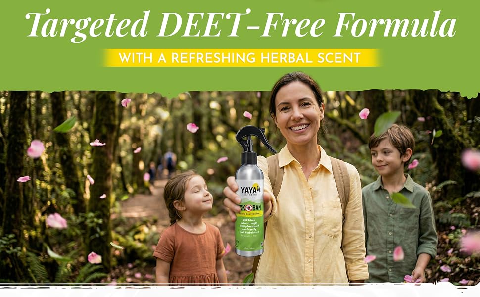 Mother holding DEET-free Tick Ban herbal bug spray with kids in the forest