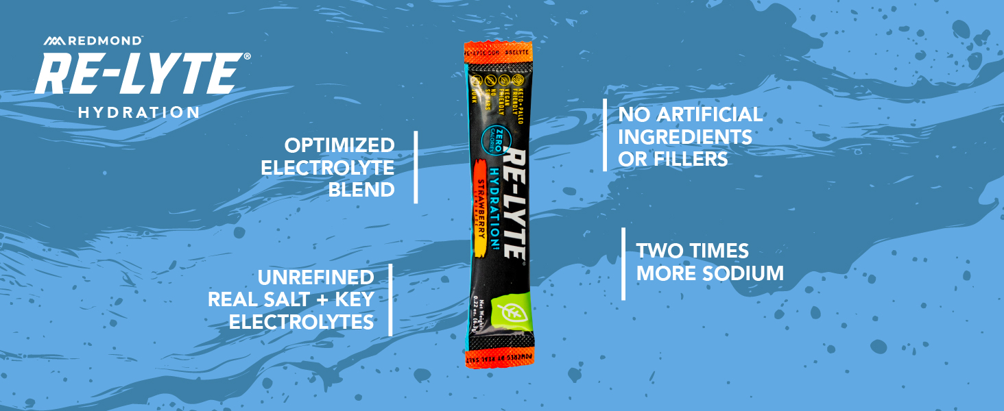 A graphic explaining the advantages of Redmond Re-Lyte Hydration Electrolyte Powder Mix.