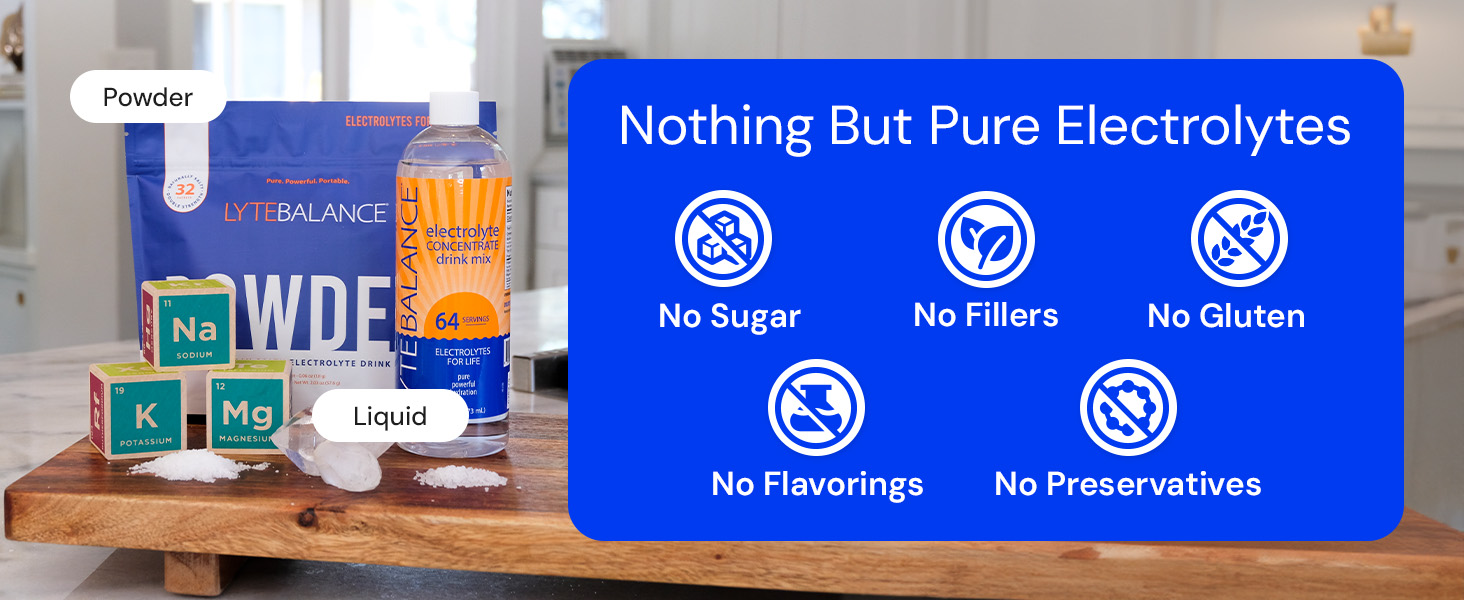 Nothing but pure electrolytes. No sugar, no fillers, no gluten, no flavorings, no preservatives.