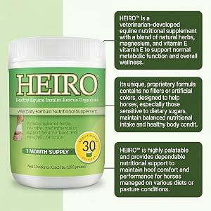 HEIRO equine supplement container with scoop and product features display