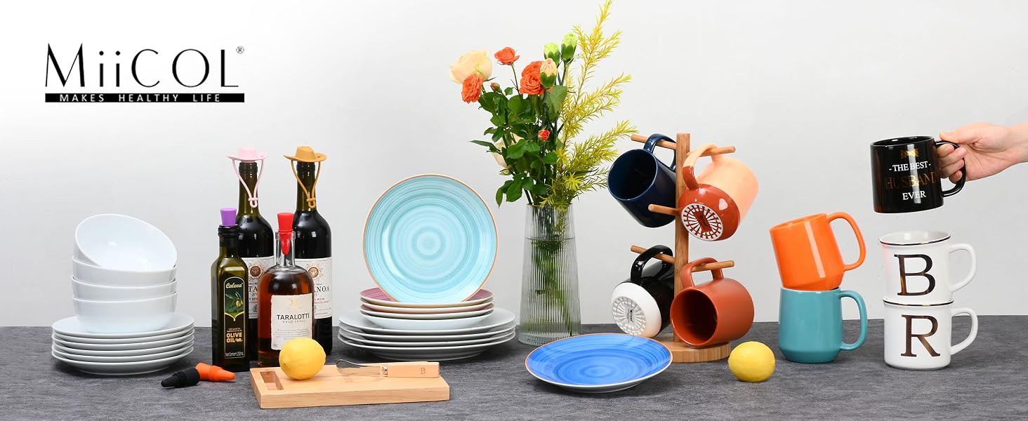 Text reads 'MiiCOL'. Product demonstration scene with various household items and cleaning supplies on gray surface.