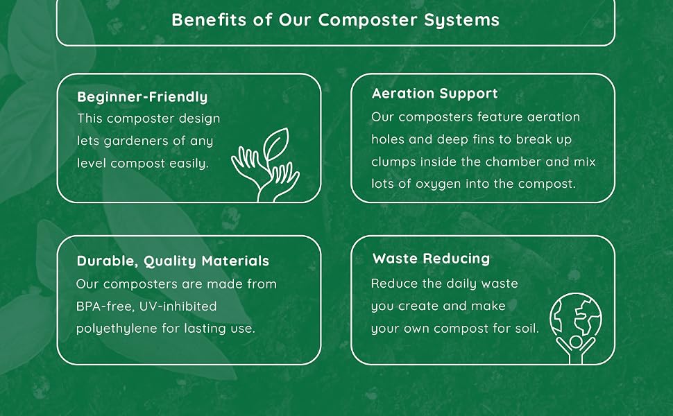 White icons. Text reads: Beginner-friendly. Aeration support. Quality materials. Waste reducing.
