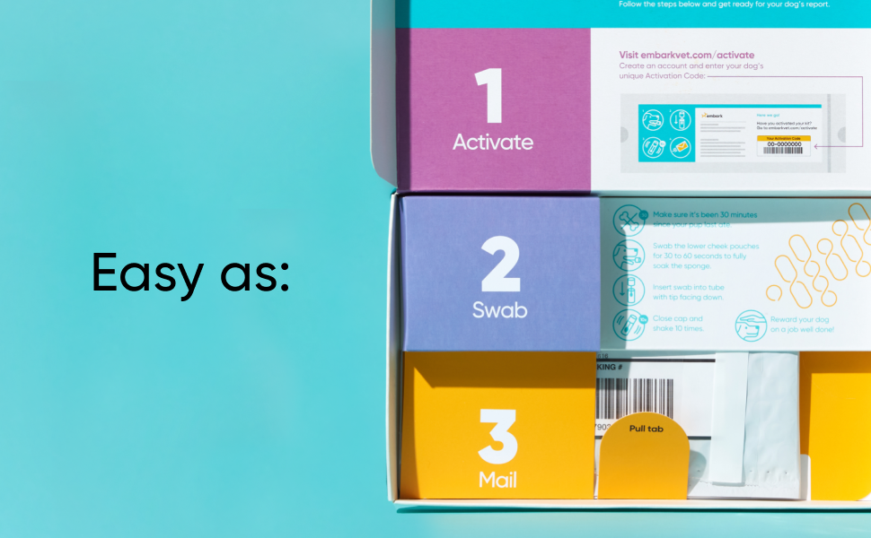 1. Activate your code 2. Swab dog cheek. 3. Use the pre-paid mailer to send in for analysis
