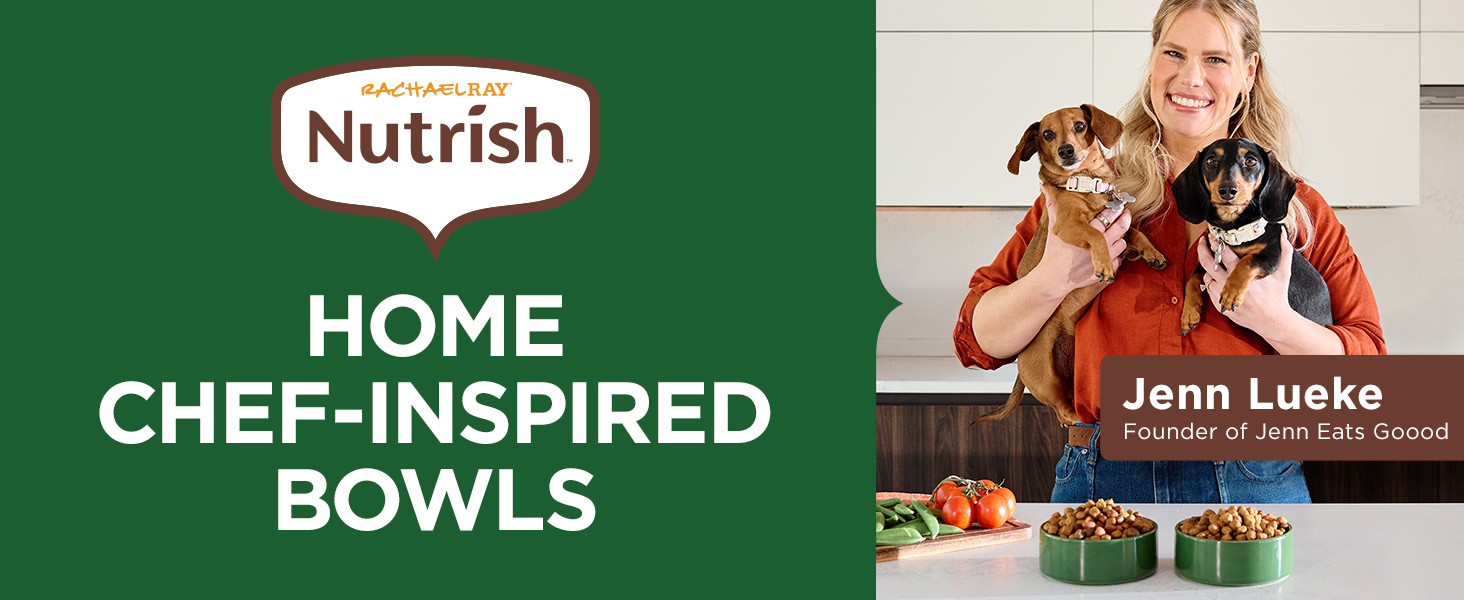 Home Chef-Inspired Bowls with woman holding two dogs with dog food on the counter