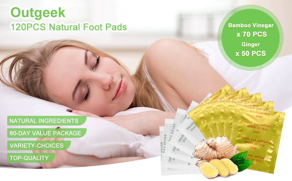 120 Pcs Outgeek Natural Bamboo Vinegar Ginger Foot Wipes Foot Pads Adhesive Sheets