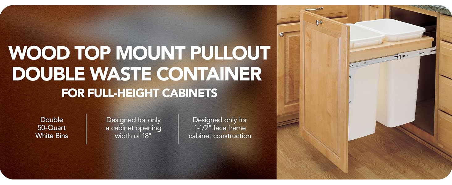 Rev-A-Shelf Double Pullout Top Mount Trash Can 50 qt., White, 4WCTM-2150DM-2