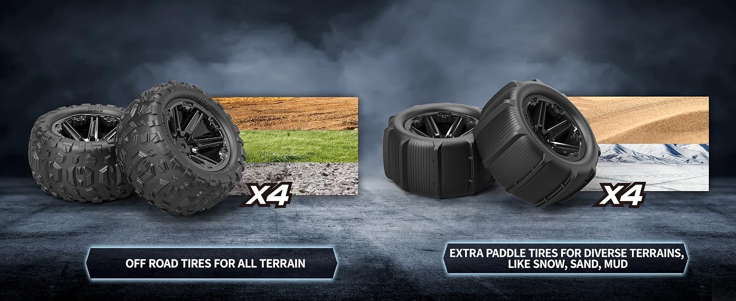 EXTRA PADDLE TIRES FOR DIVERSE TERRAINS LIKE SNOW, SAND, MUD
