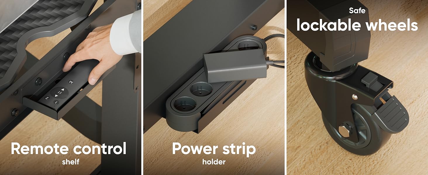 Text reads 'lockable wheels', 'Remote control', 'Power strip'. Product feature demonstration images showing various components and controls.