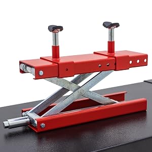 Red Black Widow Motorcycle Center Jack for Service Maintenance on Motorbike Lift Table, Pad Points