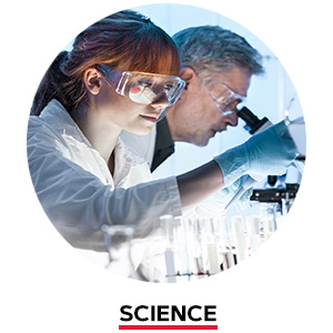 Two scientists looking through microscope. Science.