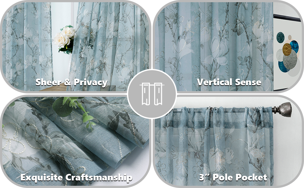 3” rod pocket, 2” bottom hem, durable fabric, drape well, light filtering, privacy protecting