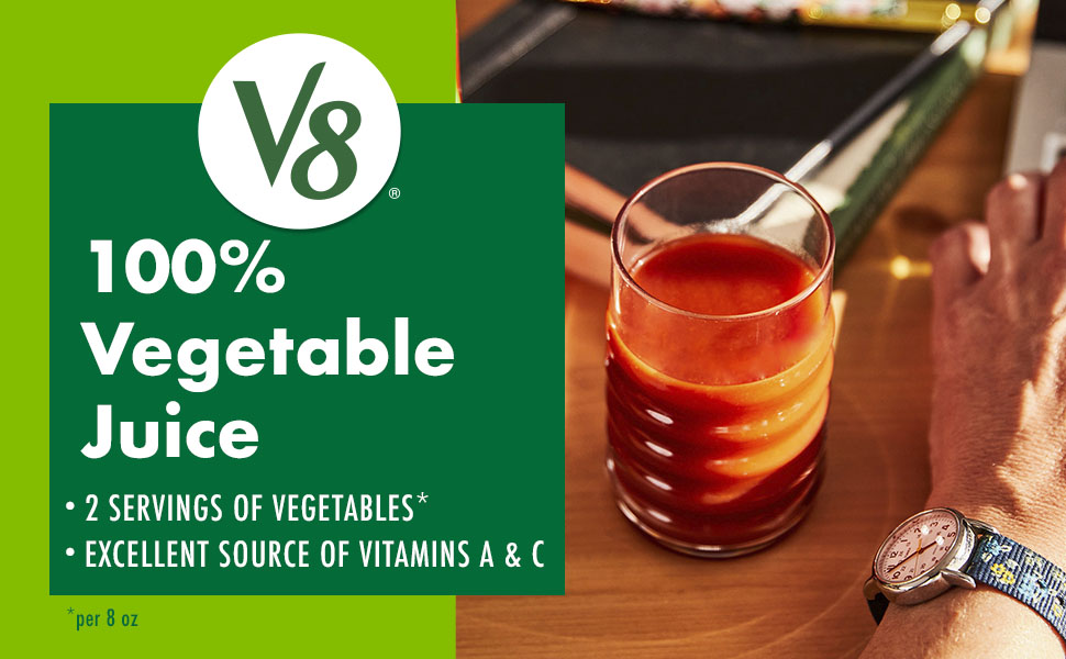 photograph of benefits of drinking V8 100% vegetable juice