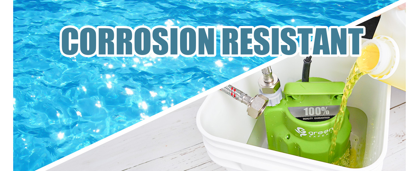 continuous operation in corrosive liquids such as pool water, seawater, and vinegar.