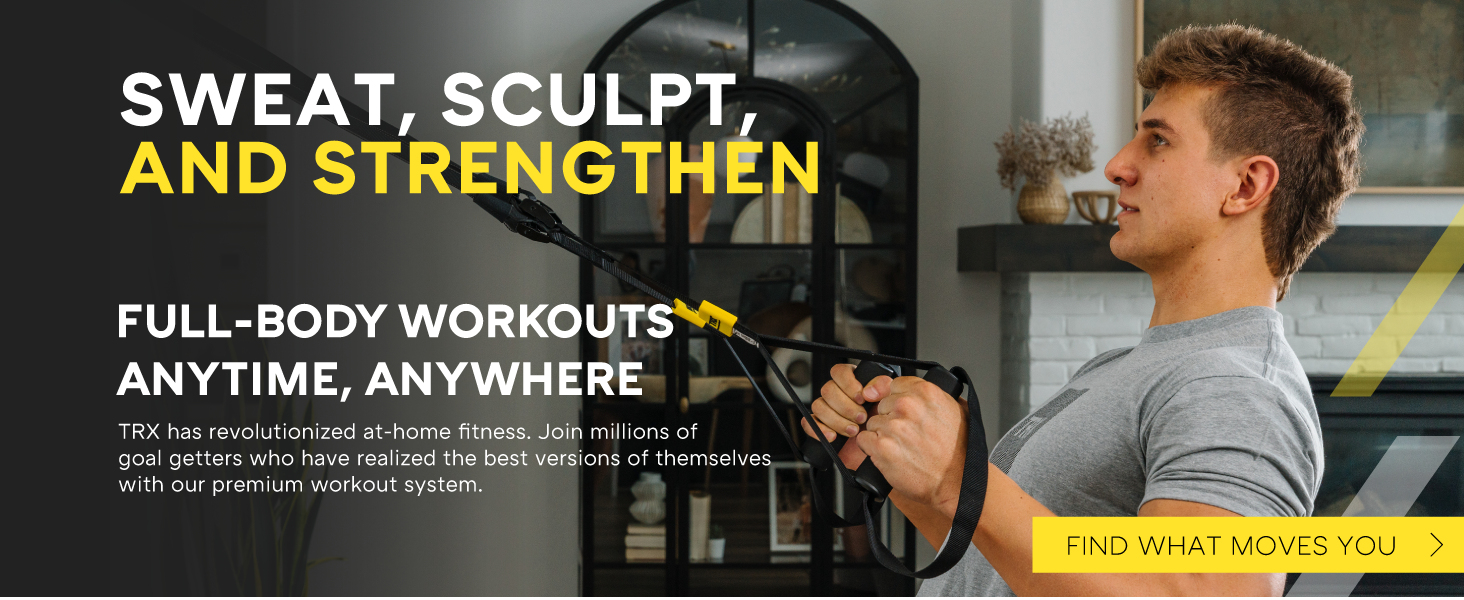A person using Suspension Trainer workout straps. Text reads: Original workout system.