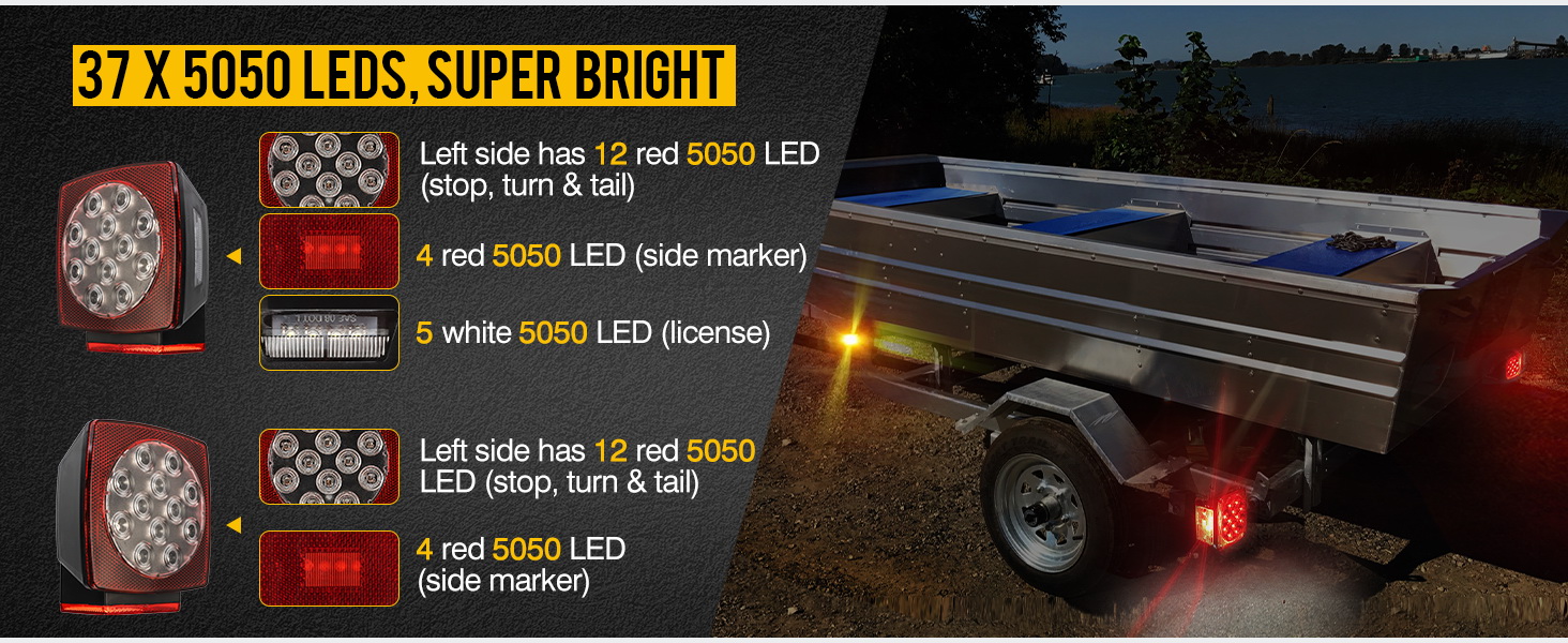 Partsam 12V Waterproof Square LED Trailer Tail Light Kit