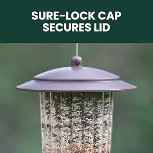 Perky-Pet Squirrel-Be-Gone Bird Feeder with Flexports has a Sure-Lock cap to secure the lid