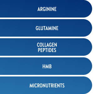 Juven nutrition powder has arginine, glutamine, collagen peptides, HMB, &amp;amp; micronutrients.