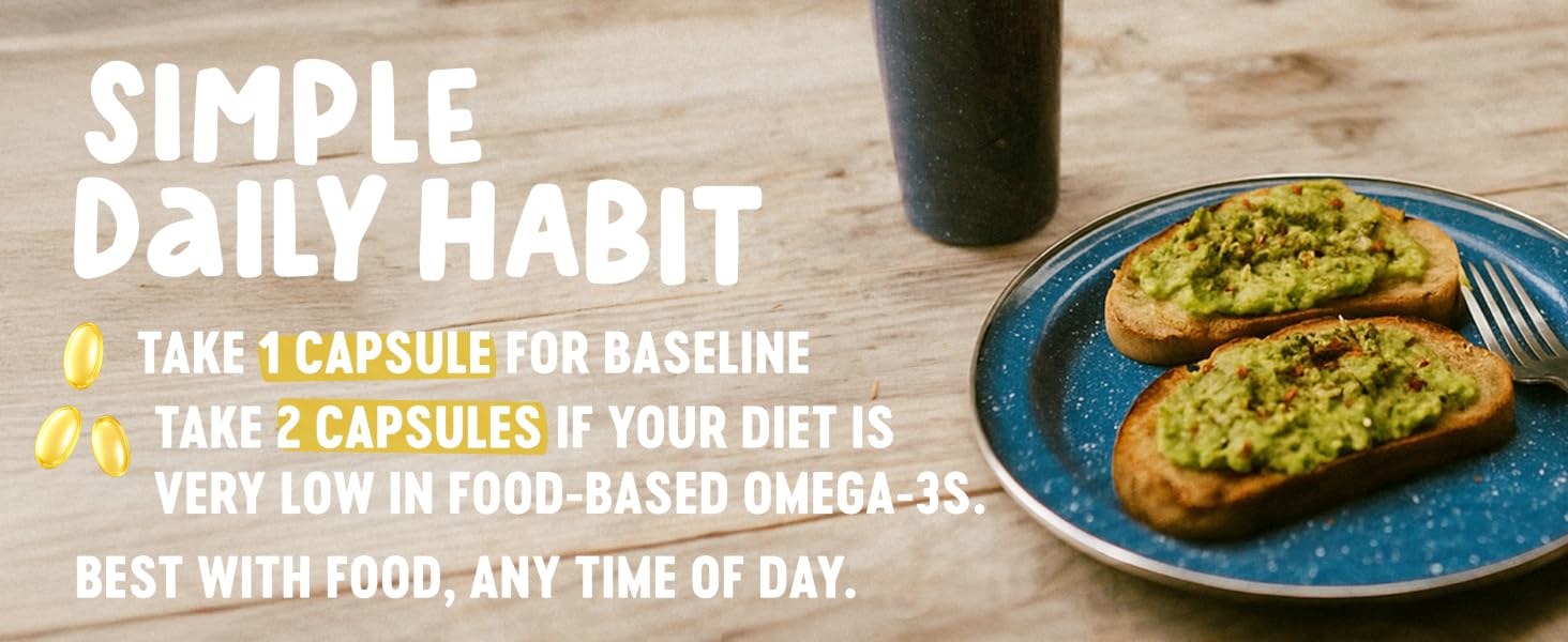 Vegan omega 3 capsules dosage guide showing 1 or 2 softgels daily with food avocado toast meal