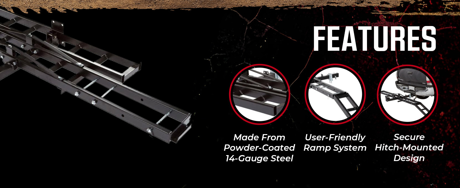 Highlighted features of the motorcycle dolly include aluminum build, ride-on, and caster locks.
