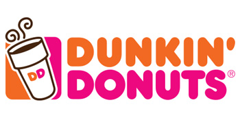 The famous Dunkin Donuts orange and pink logo with an illustrated cup of hot coffee
