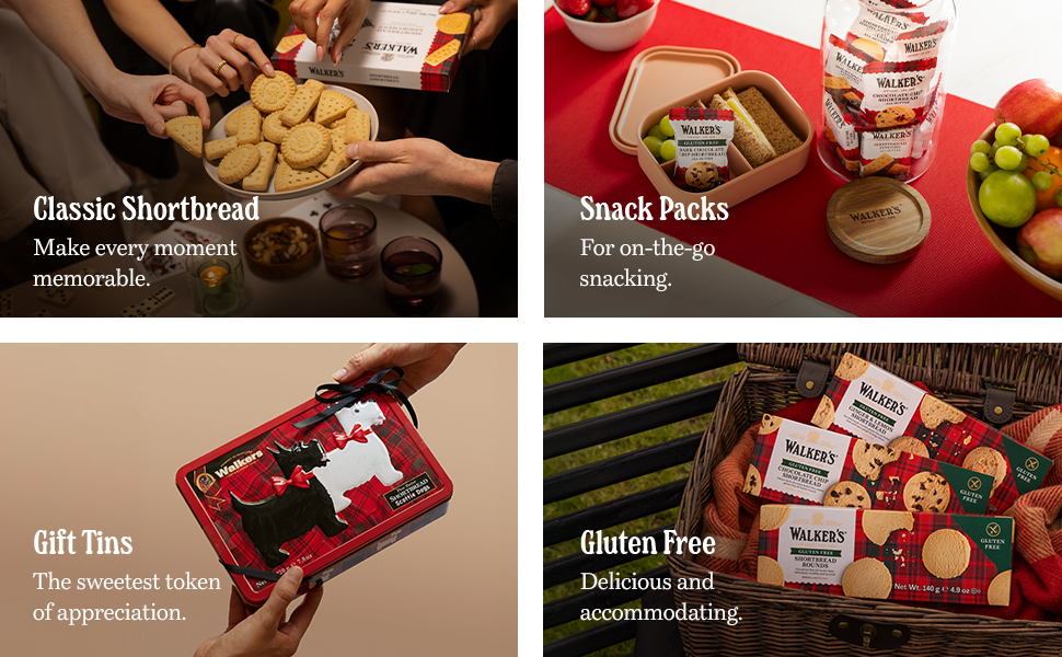 A variety of shortbreads available: Classic, Gift Tins, Gluten-Free, and Snack Packs available