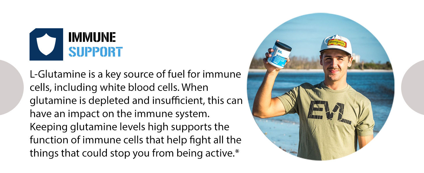 Male athlete at beach with EVL Glutamine5000 tub. L-Glutamine fuels immune cells, supports health.*