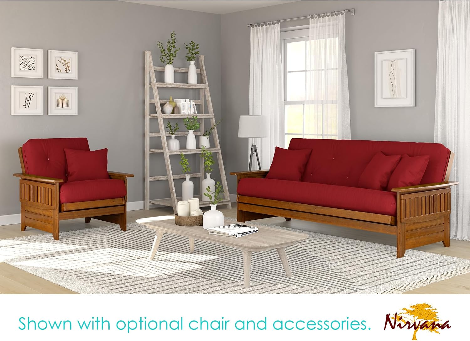 Brentwood Tray Arm Futon Frame, Drawers, and Khaki Mattress Set - Queen, Rich Heritage Finish