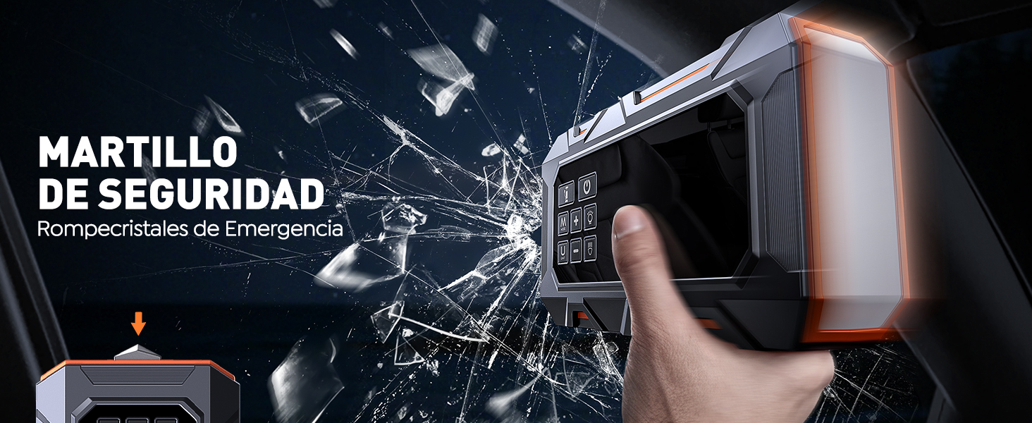 Text reads 'MARTILLO DE SEGURIDAD'. Dark-toned product demonstration images against black background.