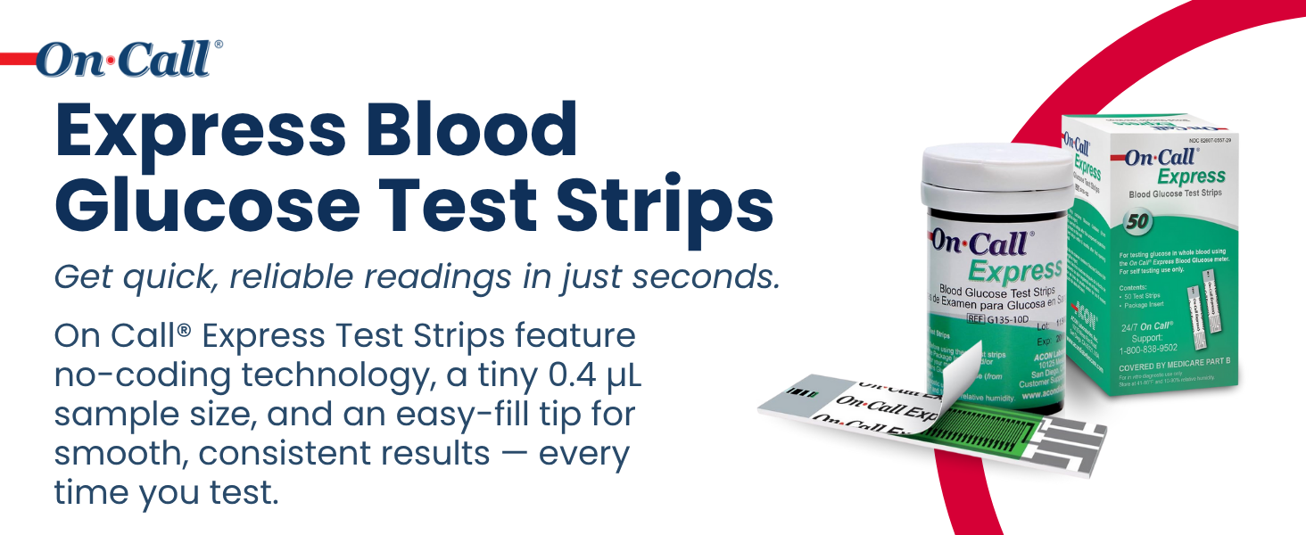 On Call Express blood glucose test strips no coding 0.4 microliter sample fast accurate results