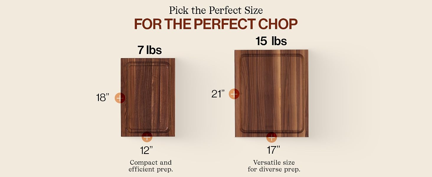 Image of cutting boards in diff sizes. Text reads: Pick the perfect size for the perfect chop.
